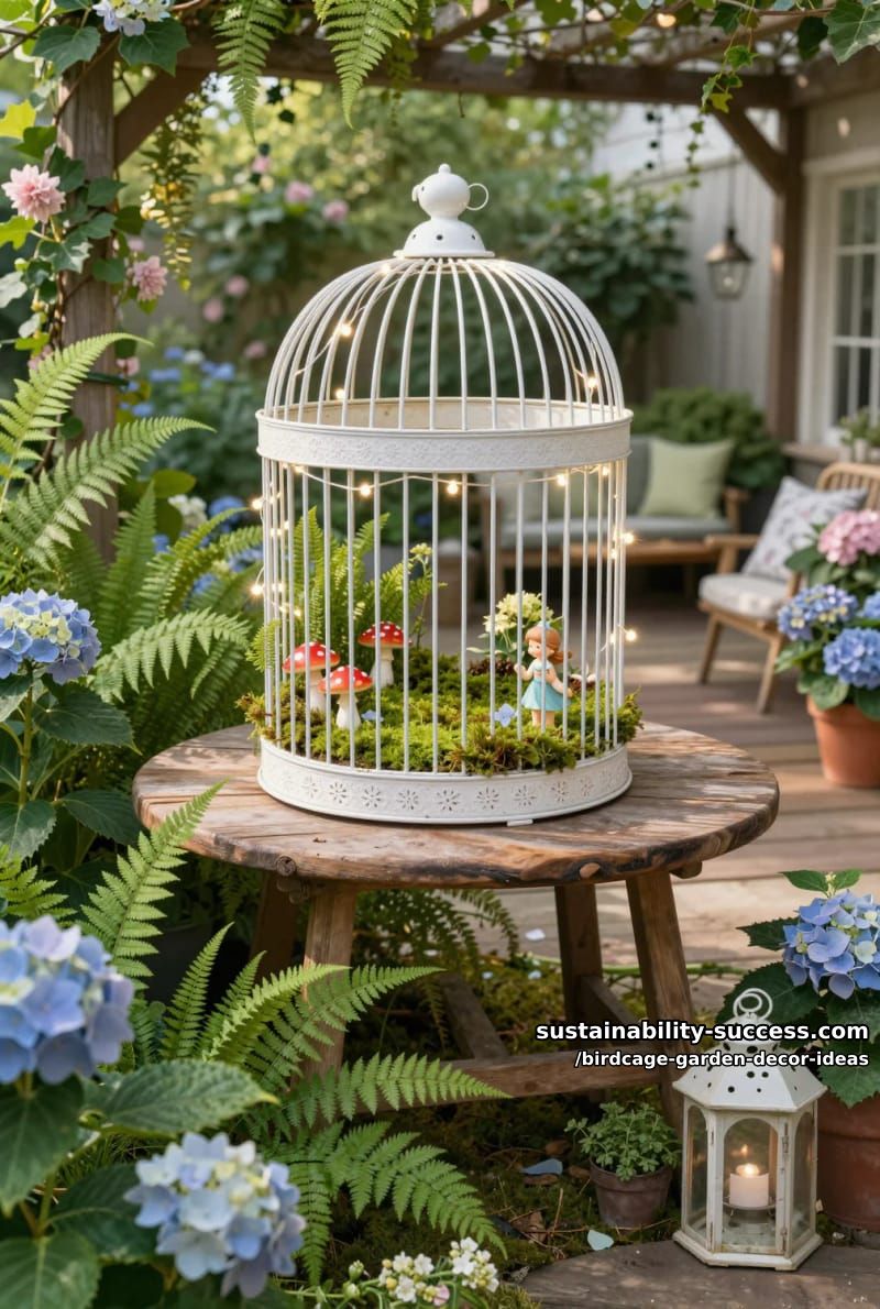 fairy garden birdcage with moss, mini mushrooms, and twinkle lights 1