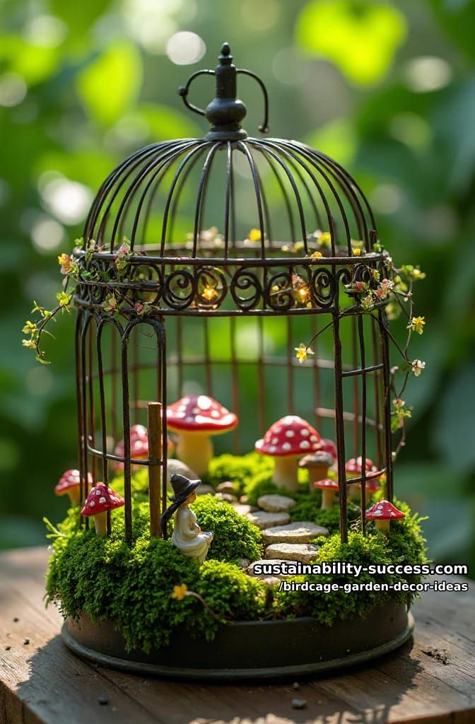 fairy garden birdcage with moss, mini mushrooms, and twinkle lights 1