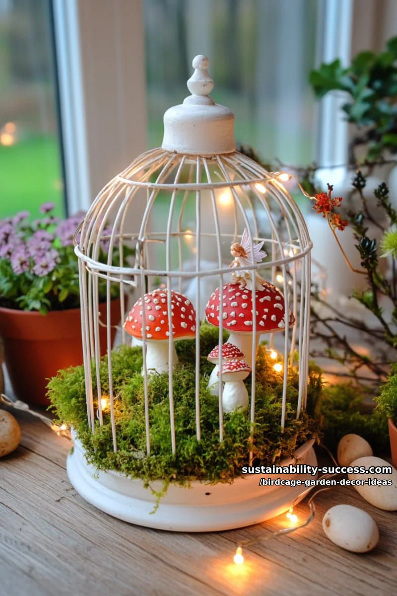 fairy garden birdcage with moss, mini mushrooms, and twinkle lights 1