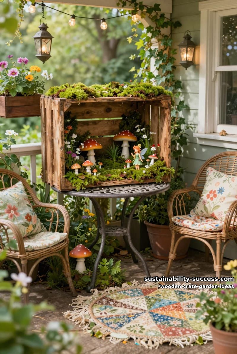 fairy garden scene inside a weathered crate with moss and tiny figurines 1