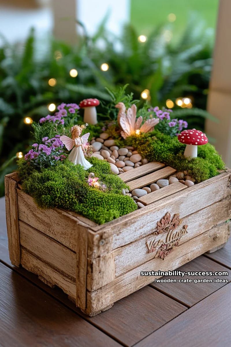 fairy garden scene inside a weathered crate with moss and tiny figurines 1