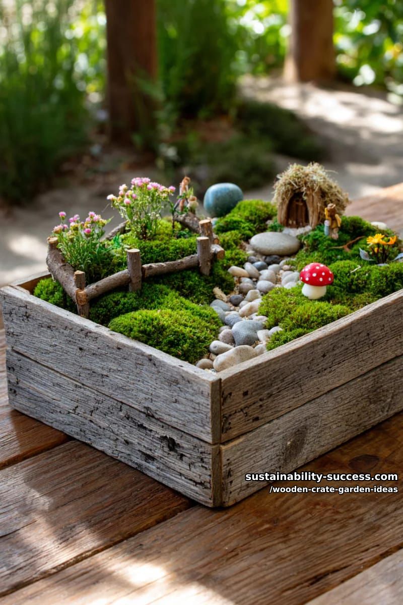 fairy garden scene inside a weathered crate with moss and tiny figurines 1