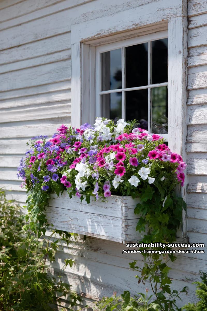 farmhouse style window box overflowing with petunias and greenery 1