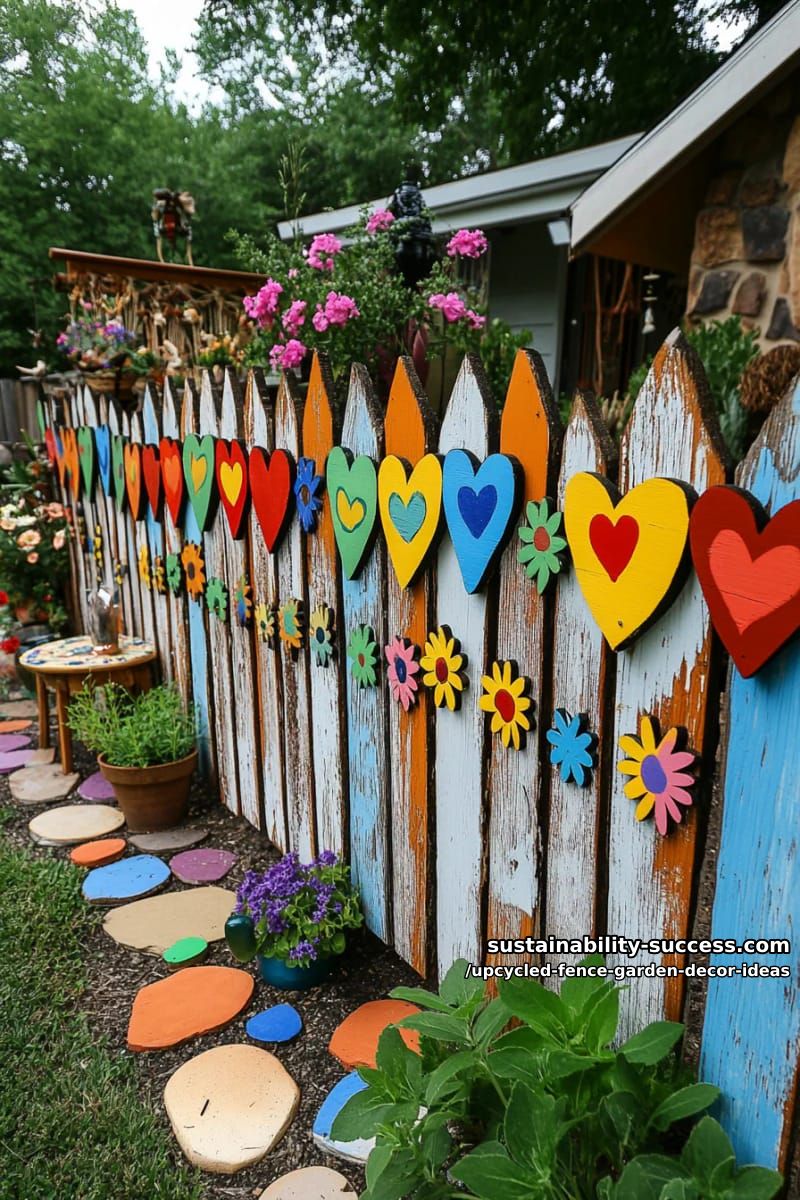 fence decorated with painted wooden hearts and daisy shapes for boho flair 32