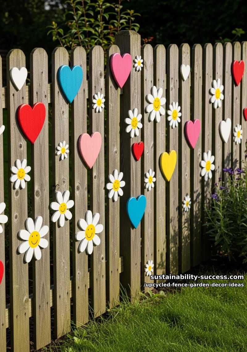 fence decorated with painted wooden hearts and daisy shapes for boho flair 1