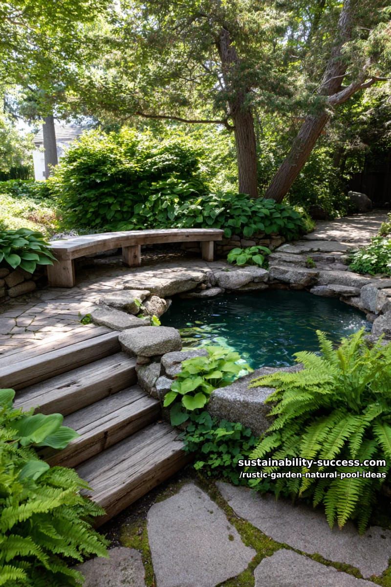 ferns and hostas encircling a small circular pool with sunken seating 1