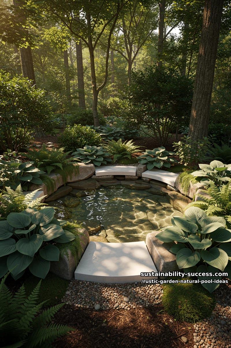 ferns and hostas encircling a small circular pool with sunken seating 1