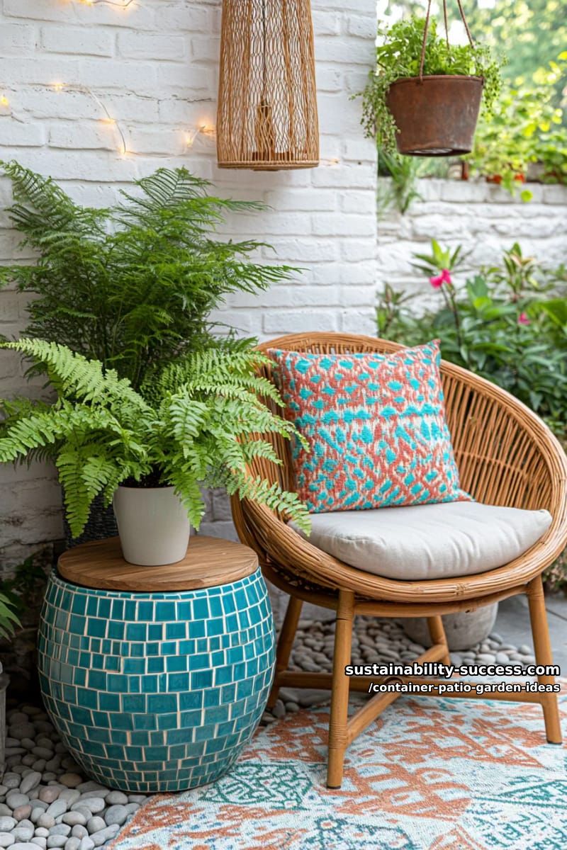 fill mosaic-tiled containers with ferns for a boho-inspired patio corner. 1