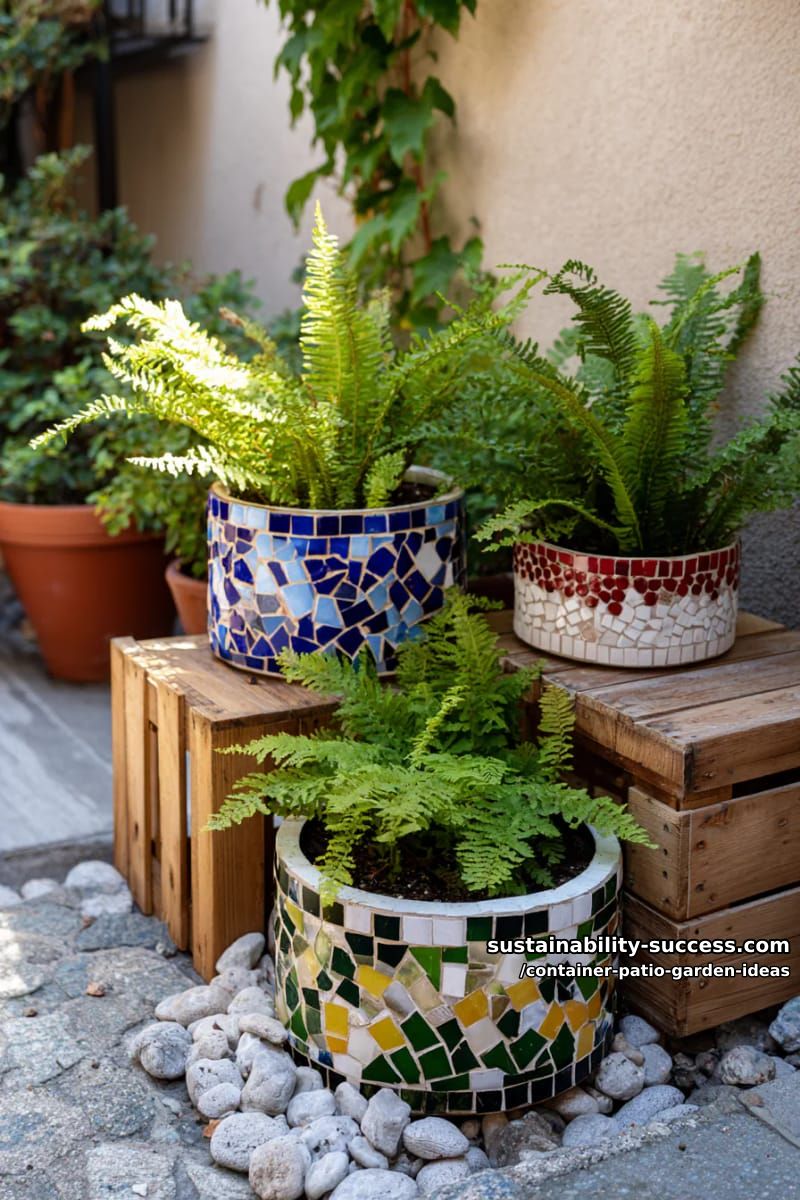 fill mosaic-tiled containers with ferns for a boho-inspired patio corner. 1