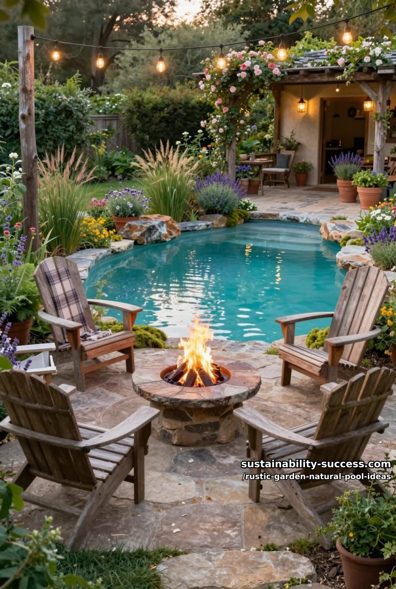 fire pit circle next to a turquoise plunge pool and mossy rocks 1