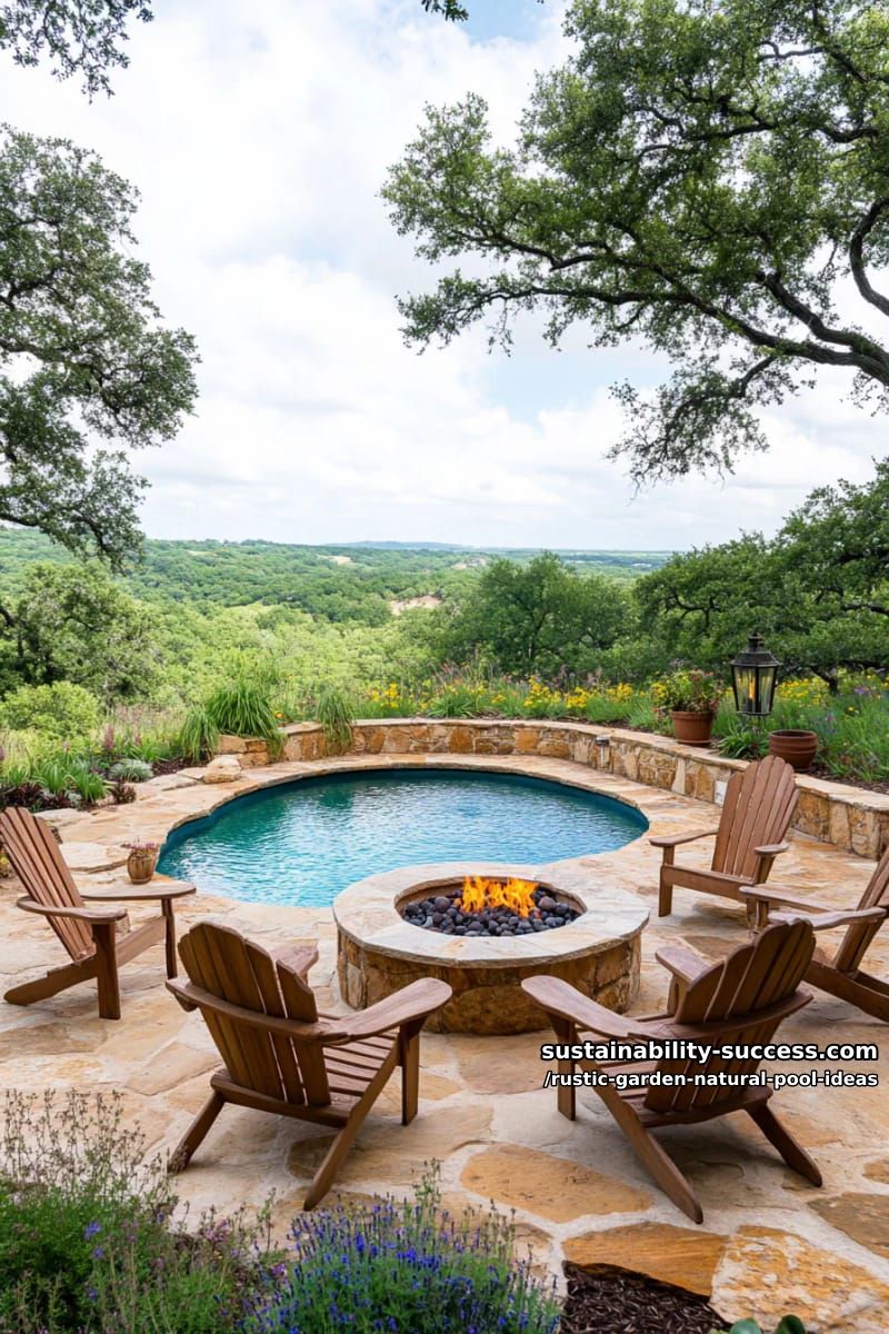 fire pit circle next to a turquoise plunge pool and mossy rocks 1