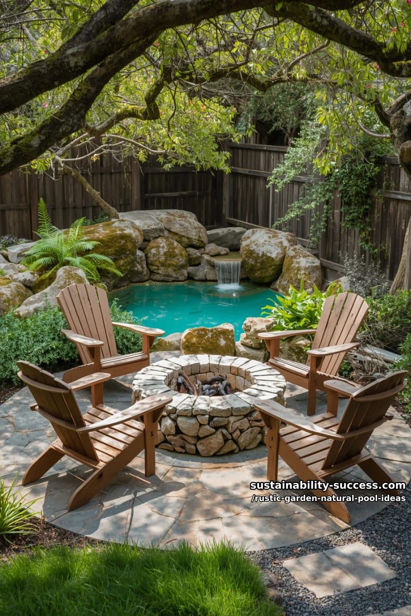 fire pit circle next to a turquoise plunge pool and mossy rocks 1