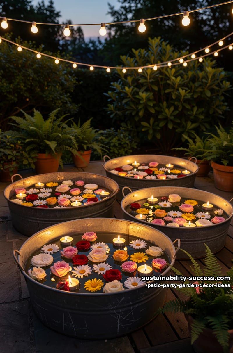floating floral arrangements in galvanized metal tubs with tea lights for rustic vibes 1