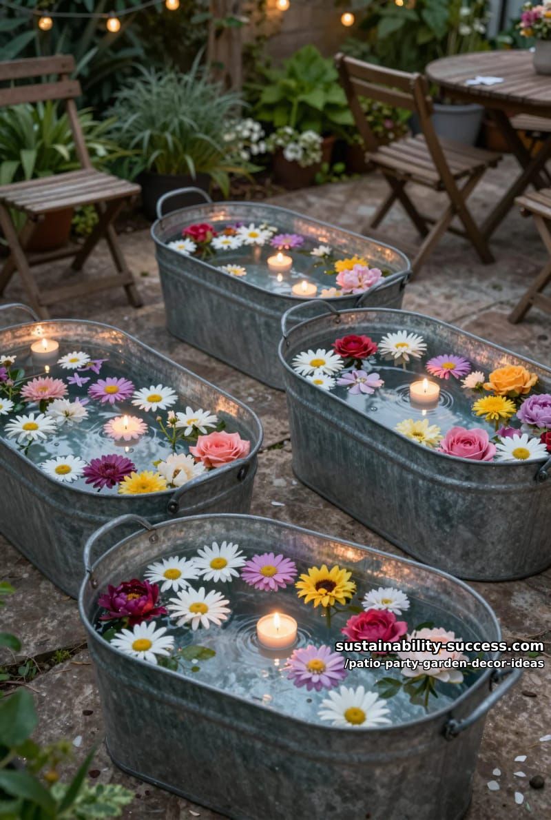 floating floral arrangements in galvanized metal tubs with tea lights for rustic vibes 1