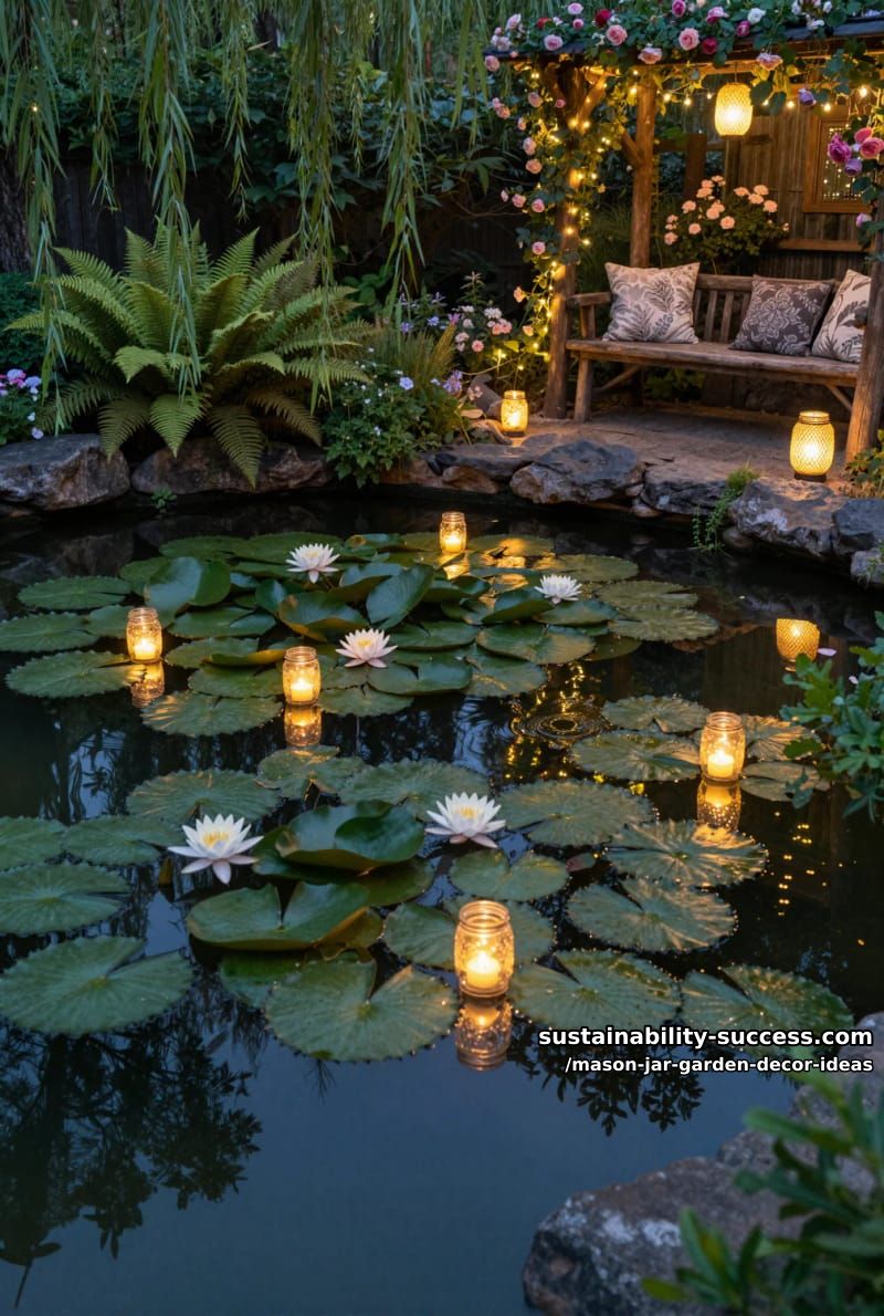 floating mason jar tea lights in a pond with lily pads for dreamy ambiance 1