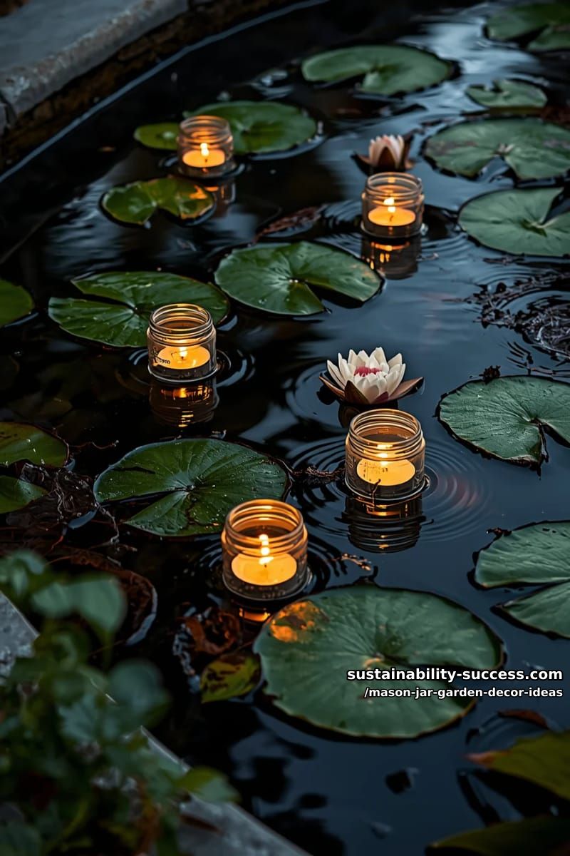 floating mason jar tea lights in a pond with lily pads for dreamy ambiance 1