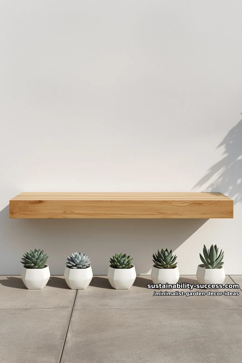 floating wooden bench with minimal potted succulents underneath 1