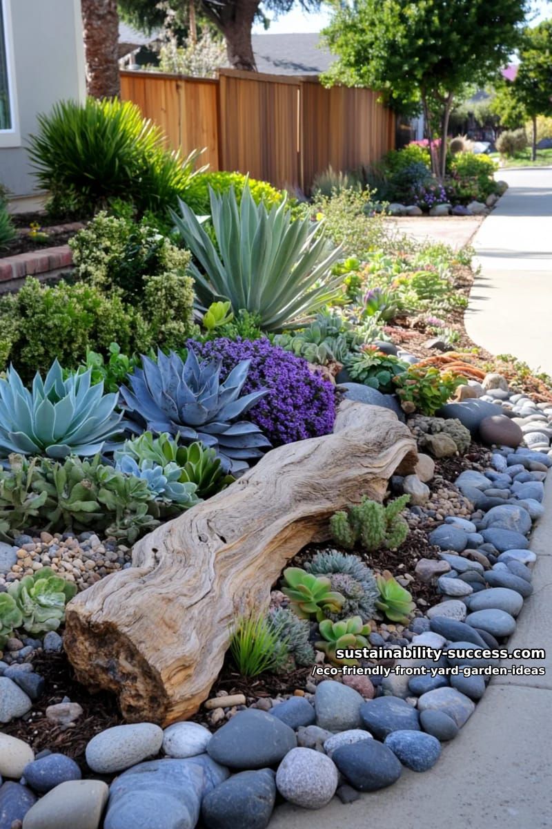 front yard rock garden with mixed succulents, agave, and driftwood accents 1