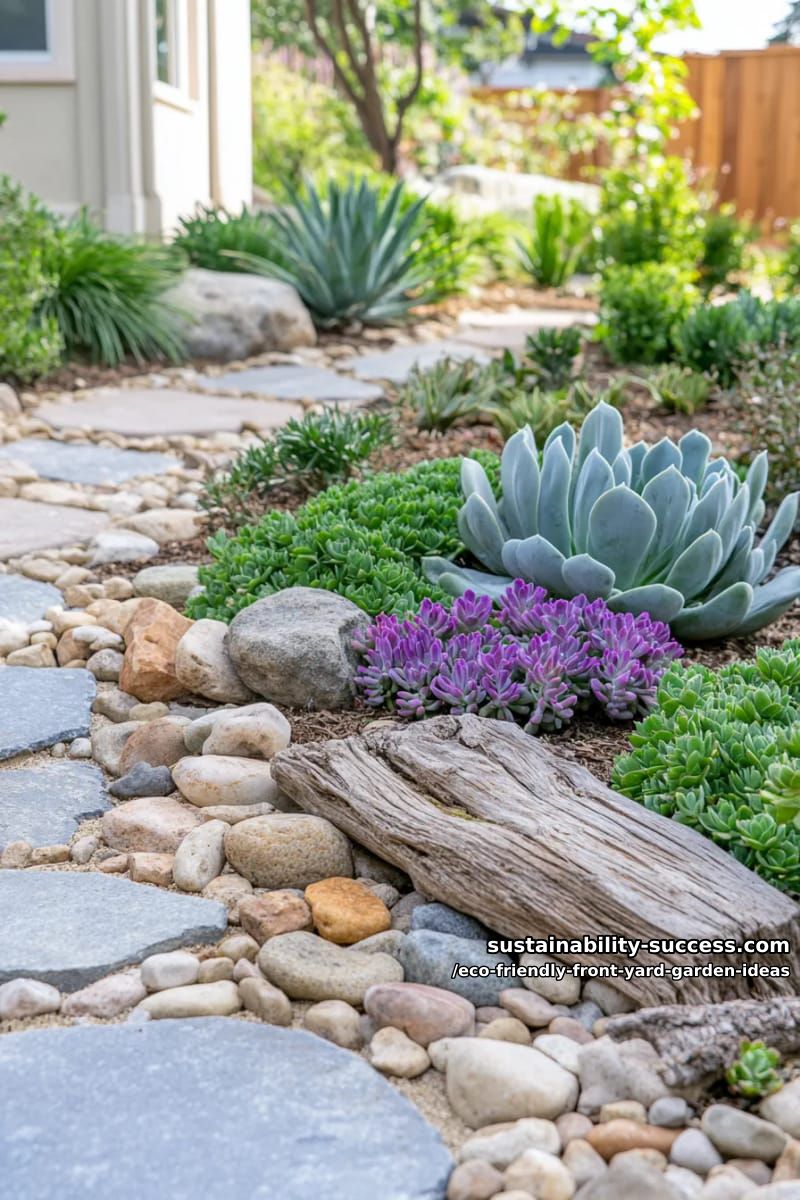front yard rock garden with mixed succulents, agave, and driftwood accents 1