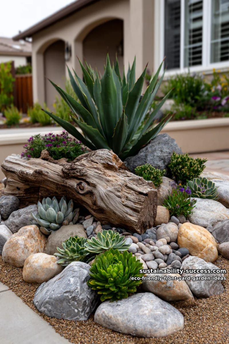 front yard rock garden with mixed succulents, agave, and driftwood accents 1
