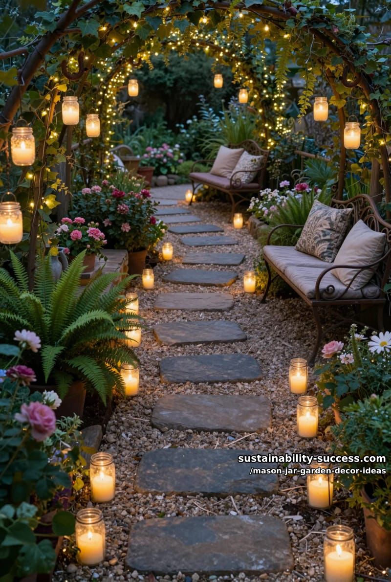 frosted mason jar votives lining a garden path for magical twilight walks 1