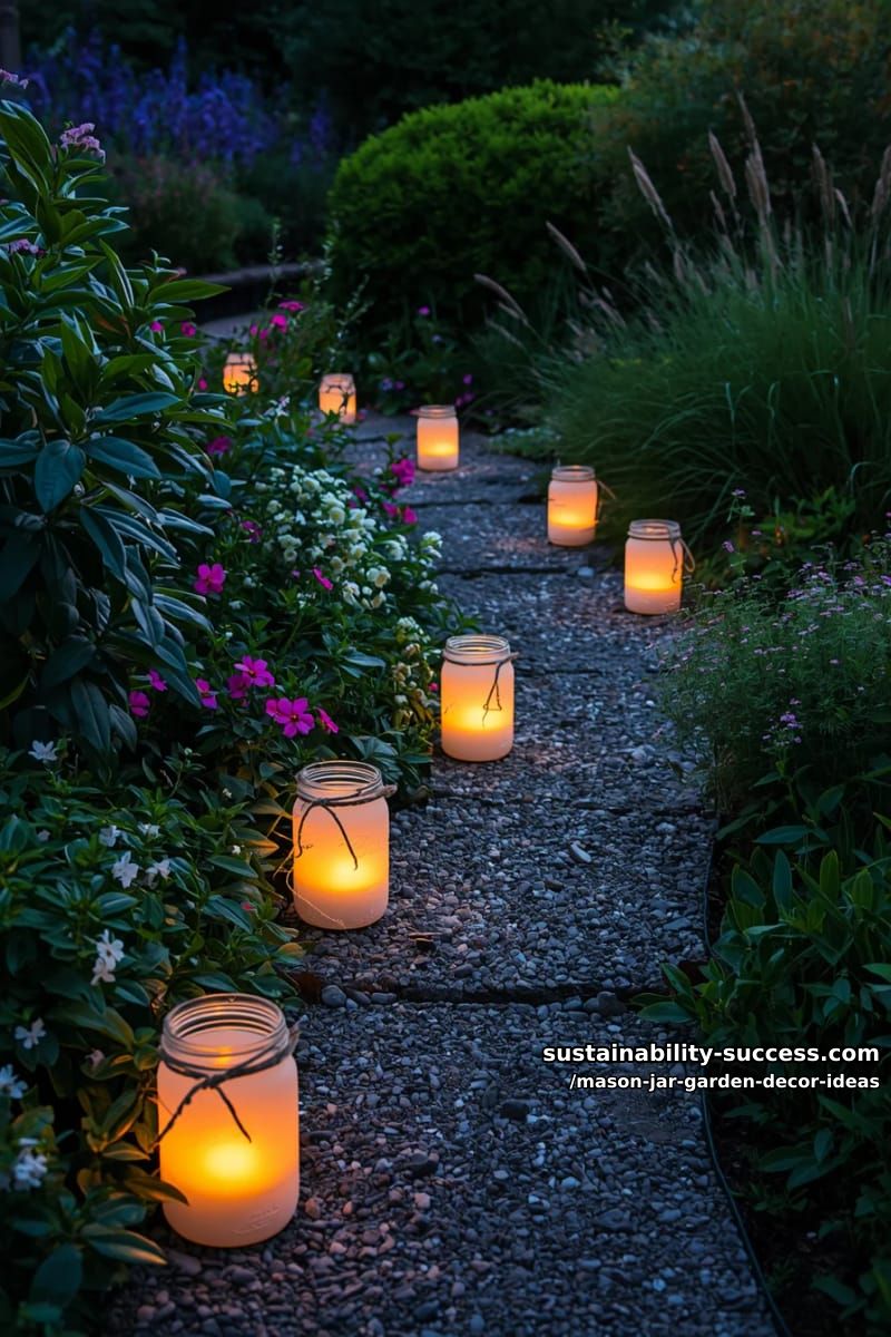 frosted mason jar votives lining a garden path for magical twilight walks 1