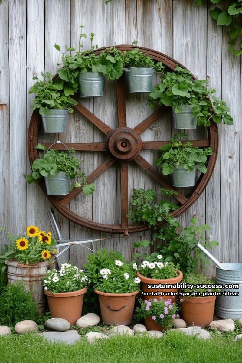galvanized mop buckets on a wagon wheel, each with trailing vines 1