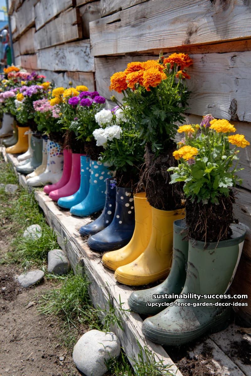 garden fence lined with upcycled rain boots planted with marigolds and pansies 1