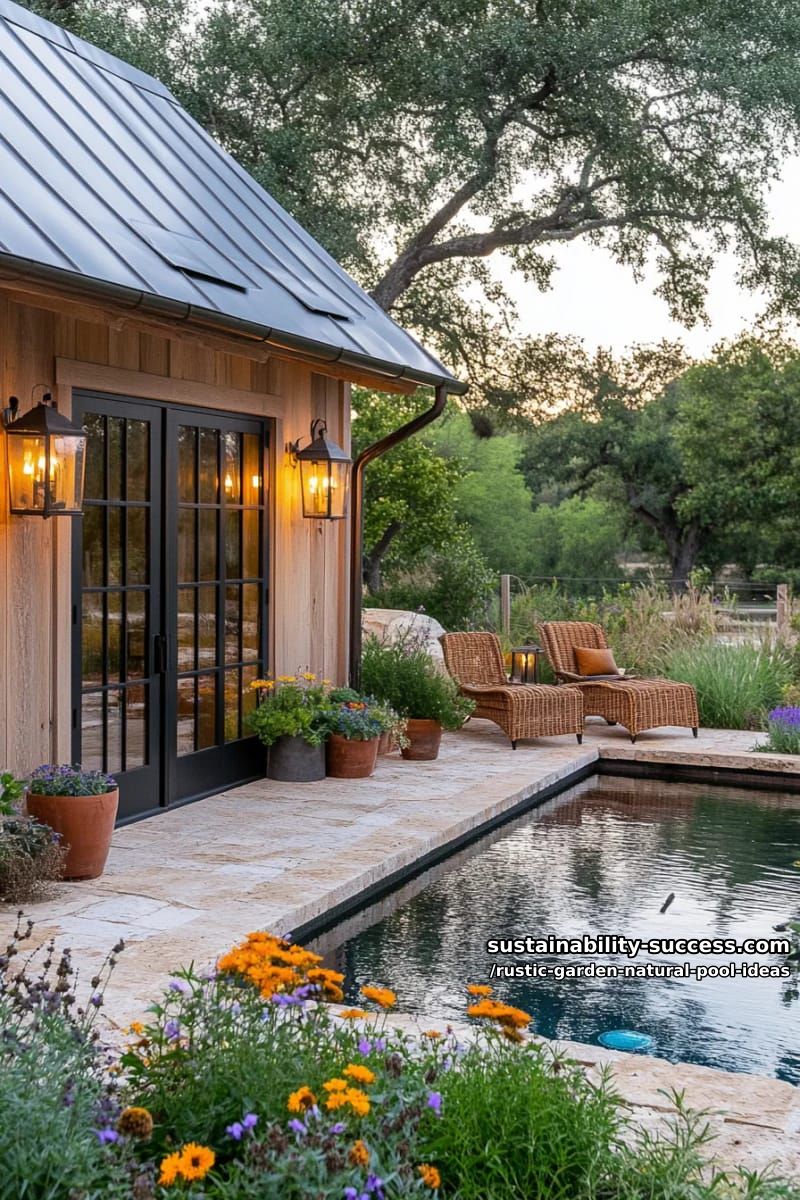 garden pool house built from reclaimed wood beside a wildflower swimming pond 1