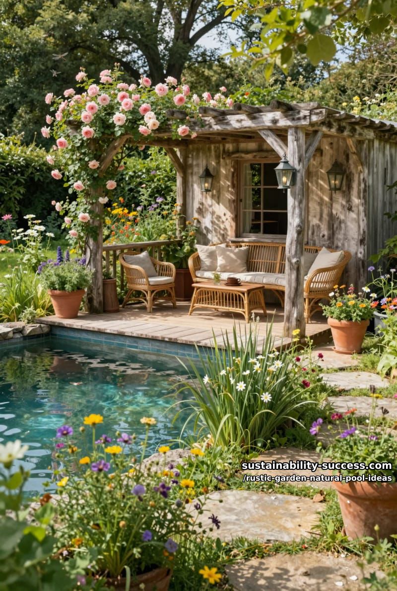 garden pool house built from reclaimed wood beside a wildflower swimming pond 1