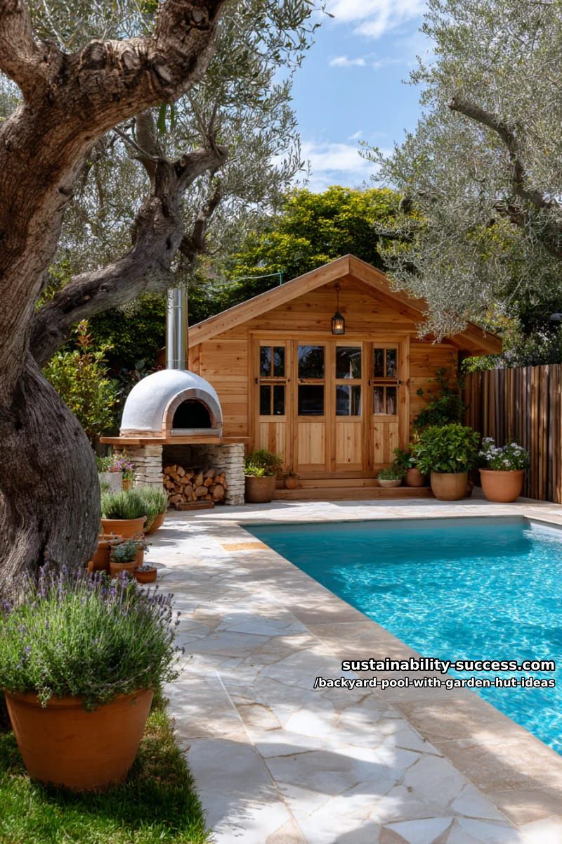 15 Dreamy Backyard Pool with Garden Hut Ideas to Inspire 37 garden pool hut with built-in pizza oven, olive trees, and terracotta pots. 1