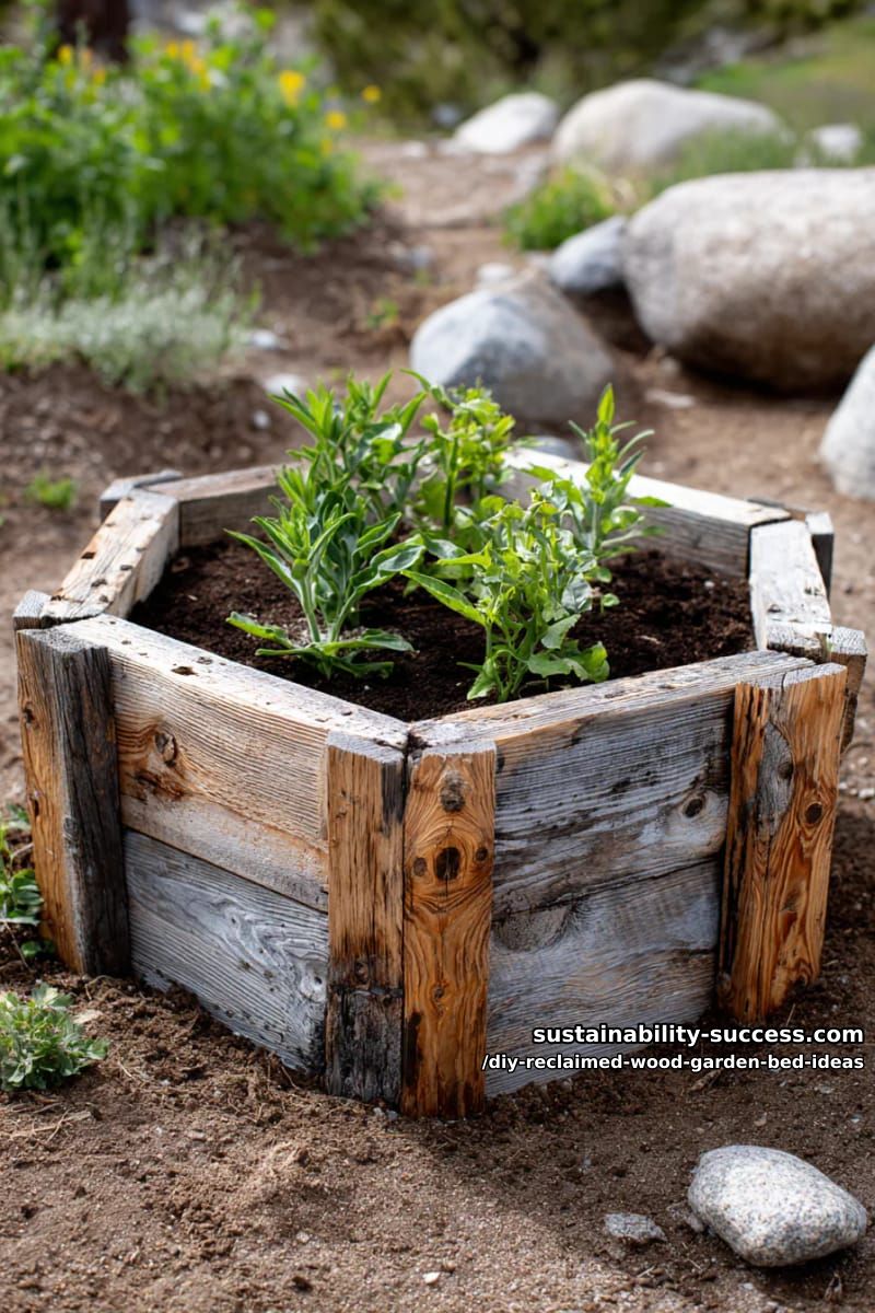 15 DIY Reclaimed Wood Garden Bed Ideas for Vibrant Backyards 11 geometric hexagon garden bed frames with chunky pallet slats 1