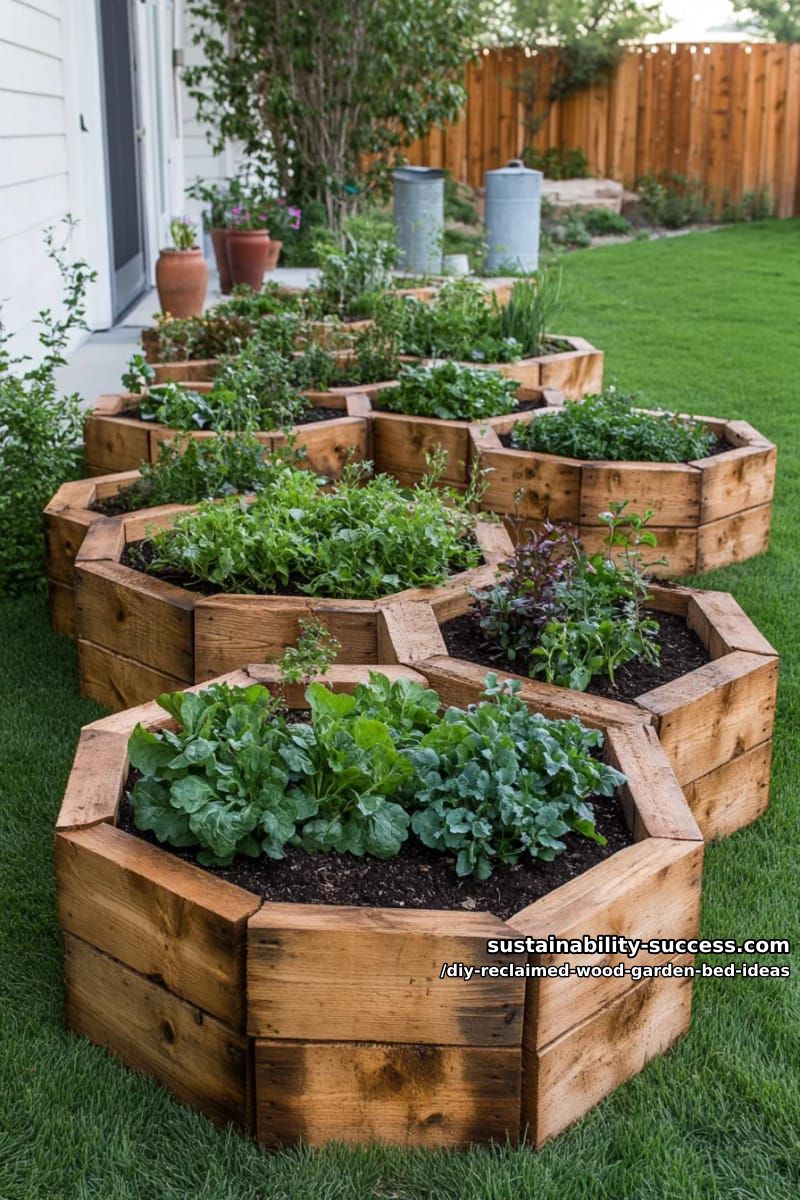 15 DIY Reclaimed Wood Garden Bed Ideas for Vibrant Backyards 12 geometric hexagon garden bed frames with chunky pallet slats 1