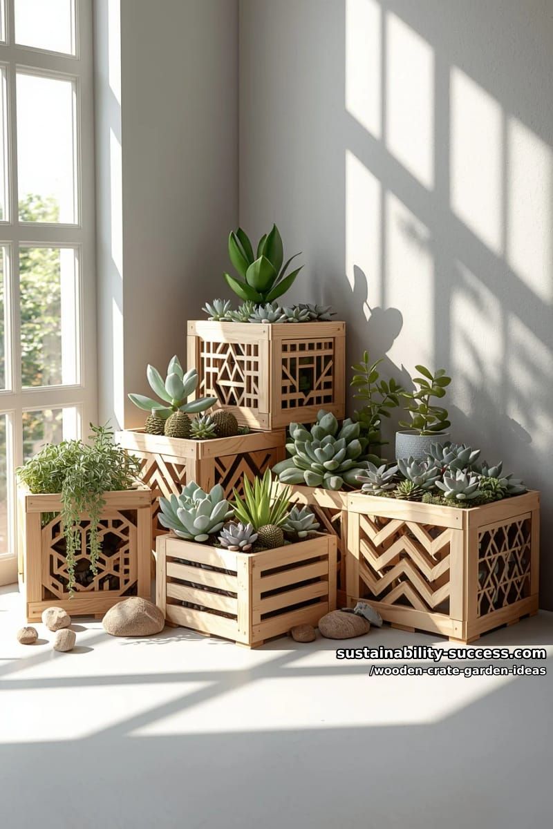 geometric-patterned crates for indoor succulent displays near sunny windows 1