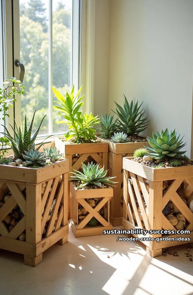 geometric-patterned crates for indoor succulent displays near sunny windows 1