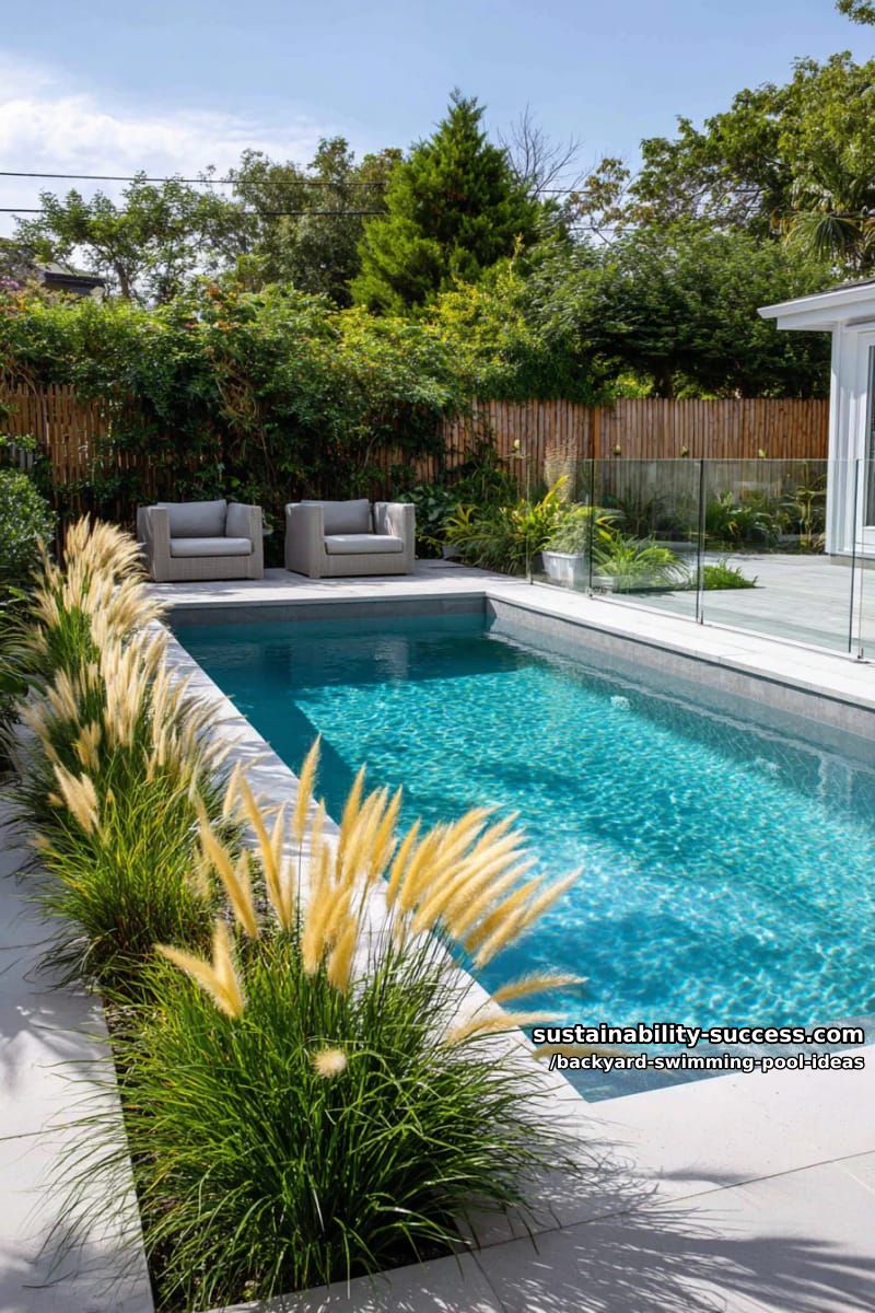glass-walled pool overlooking a garden bed of ornamental grasses 1