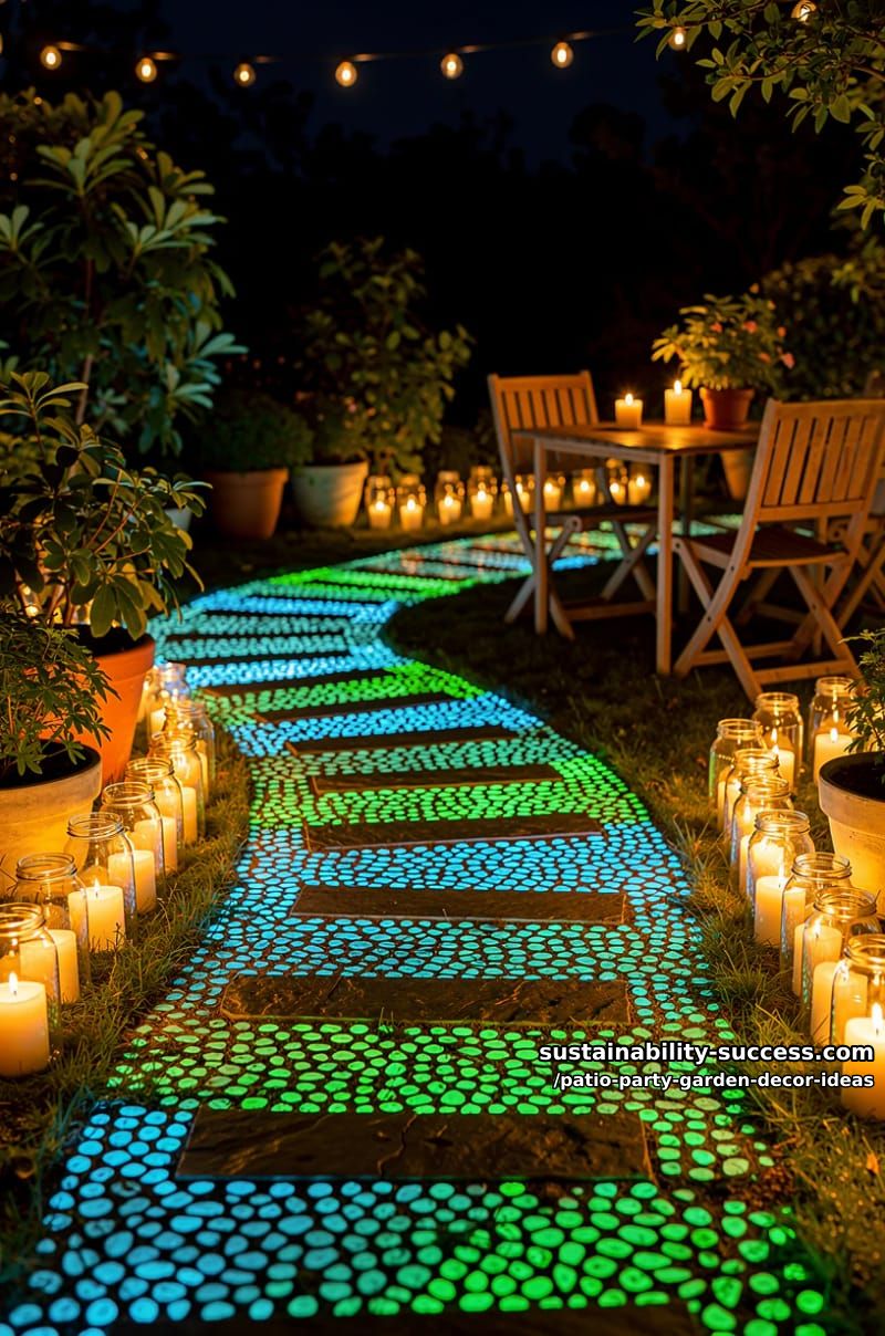 glow-in-the-dark pebble pathways lined with glass jar candle lights 1