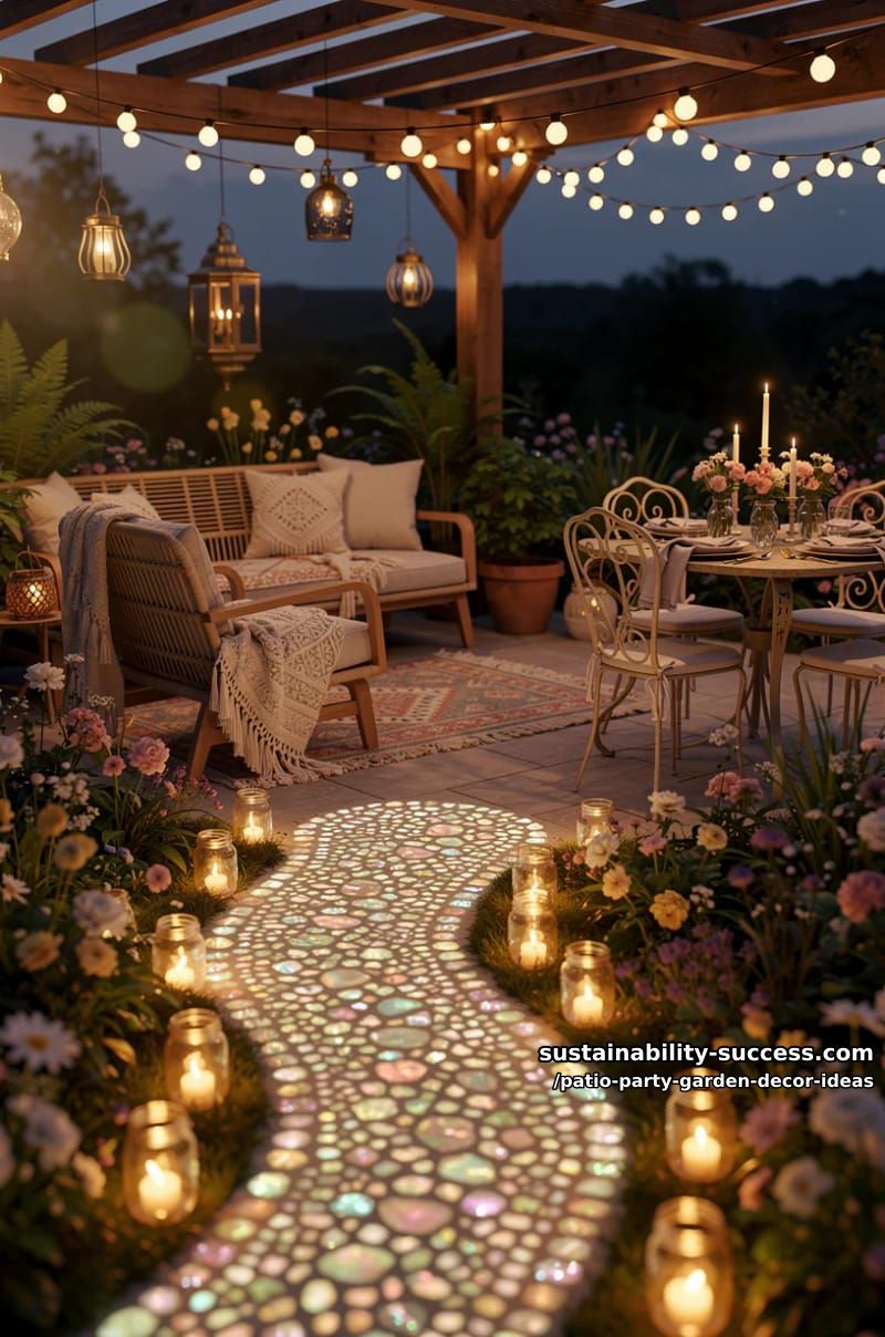 glow-in-the-dark pebble pathways lined with glass jar candle lights 1