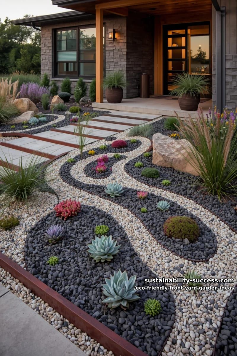 gravel and succulent mosaic garden for a low-water modern landscape yard 1