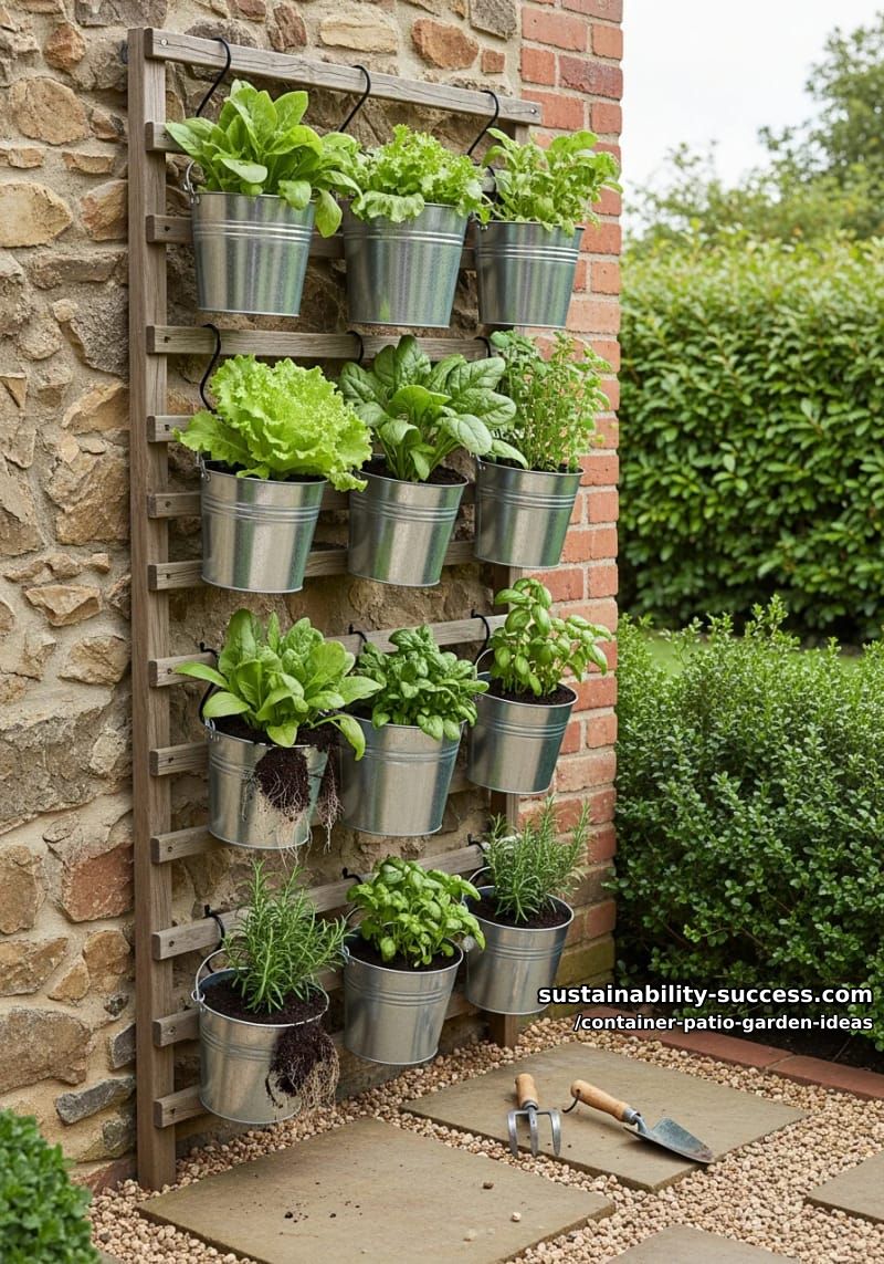 hang galvanized buckets from a trellis for a rustic vertical vegetable patch. 1