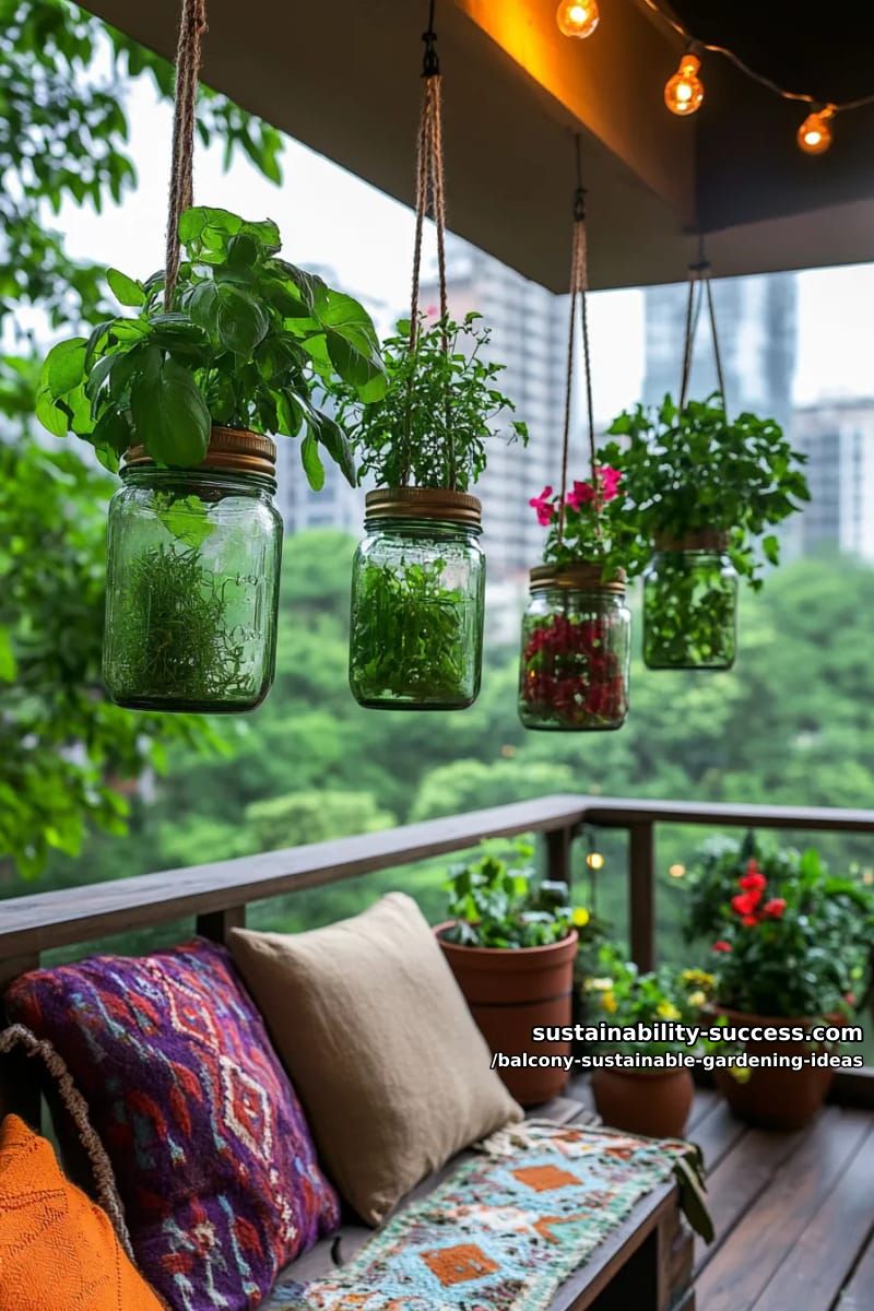 hang recycled glass jars as mini herb gardens along balcony railings 1