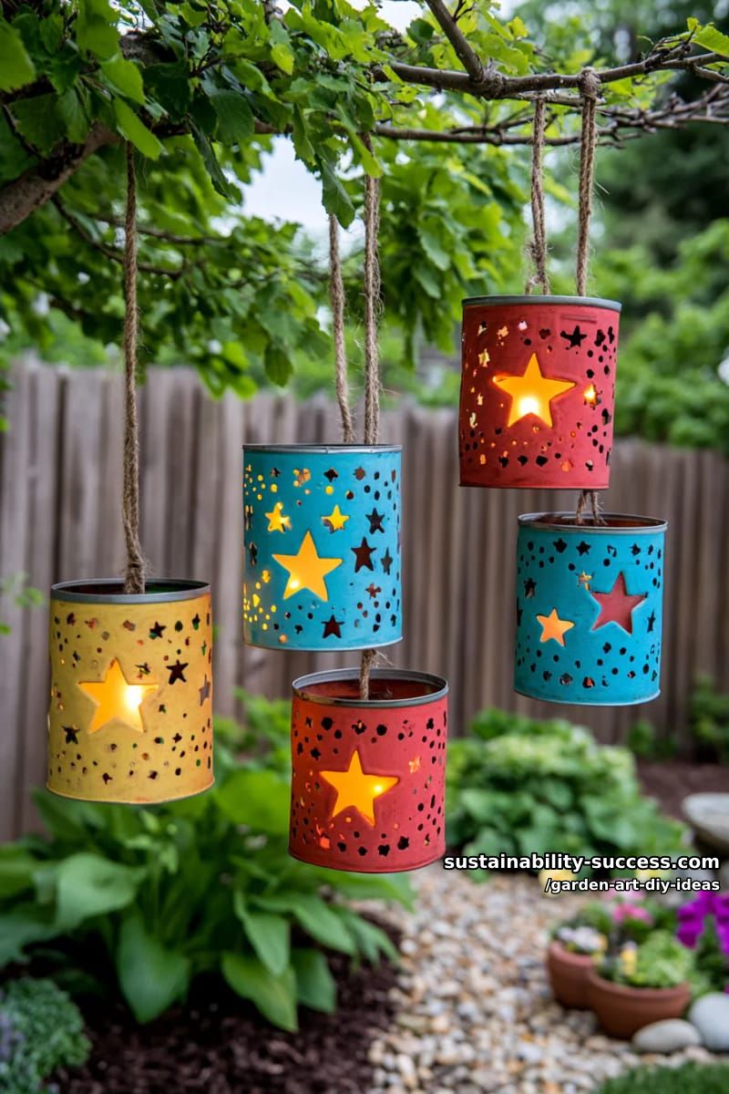 23 Creative Garden Art DIY Ideas for a Unique Outdoor Decor 9 hang recycled tin can lanterns with cut-out stars and vibrant colors. 1