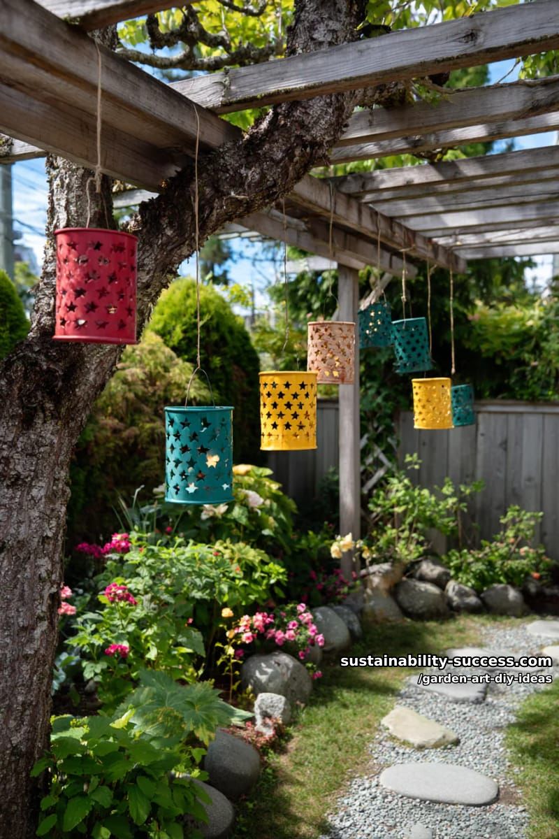 23 Creative Garden Art DIY Ideas for a Unique Outdoor Decor 10 hang recycled tin can lanterns with cut-out stars and vibrant colors. 1