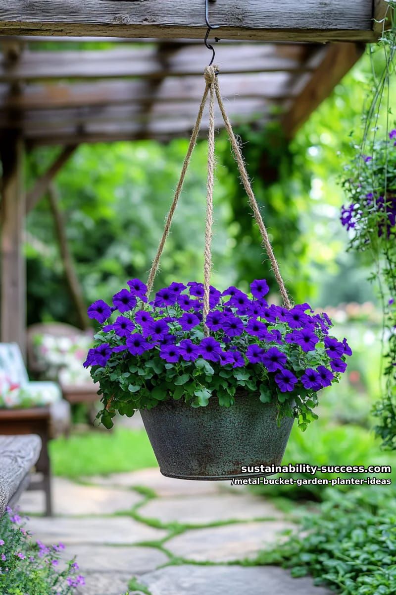 hanging circular bucket with purple petunias and mossy stones inside 1