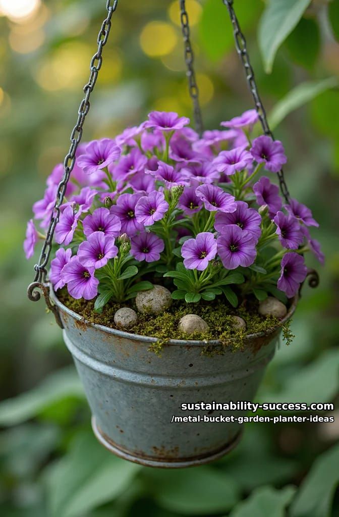 hanging circular bucket with purple petunias and mossy stones inside 1