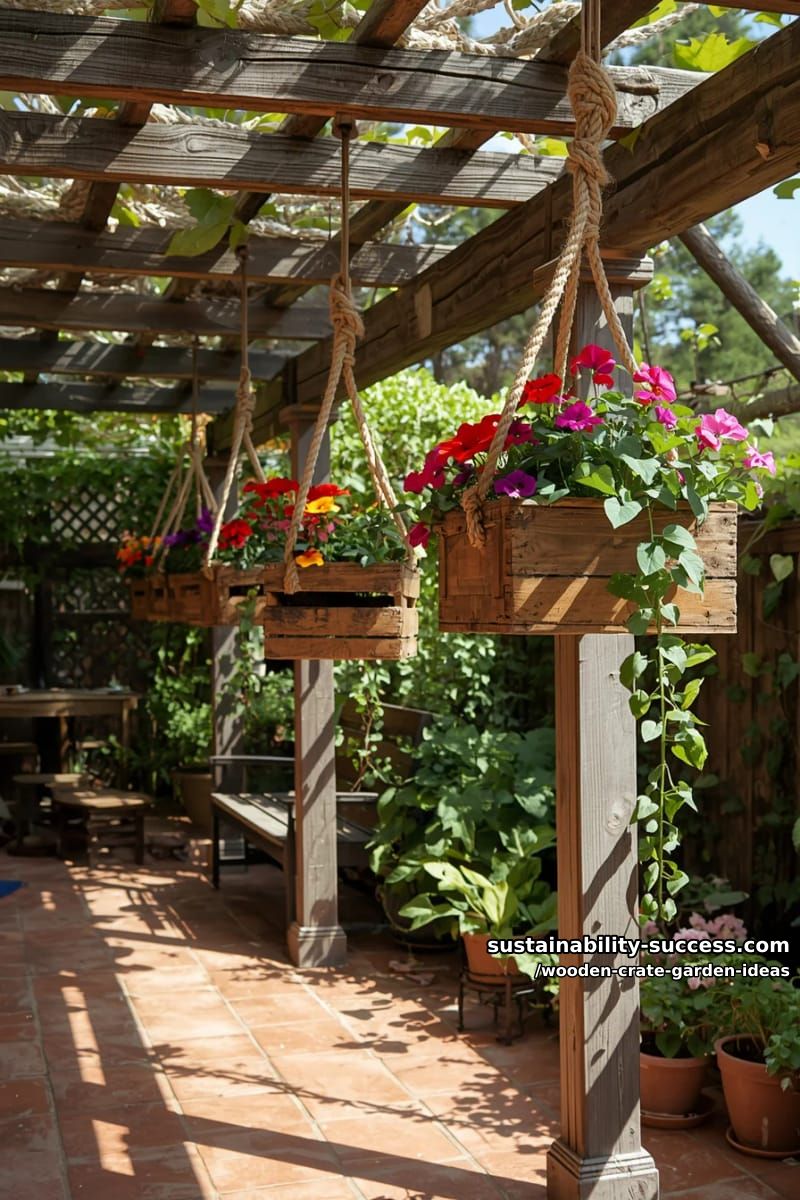 hanging crate flower boxes suspended with rustic ropes on a patio 1