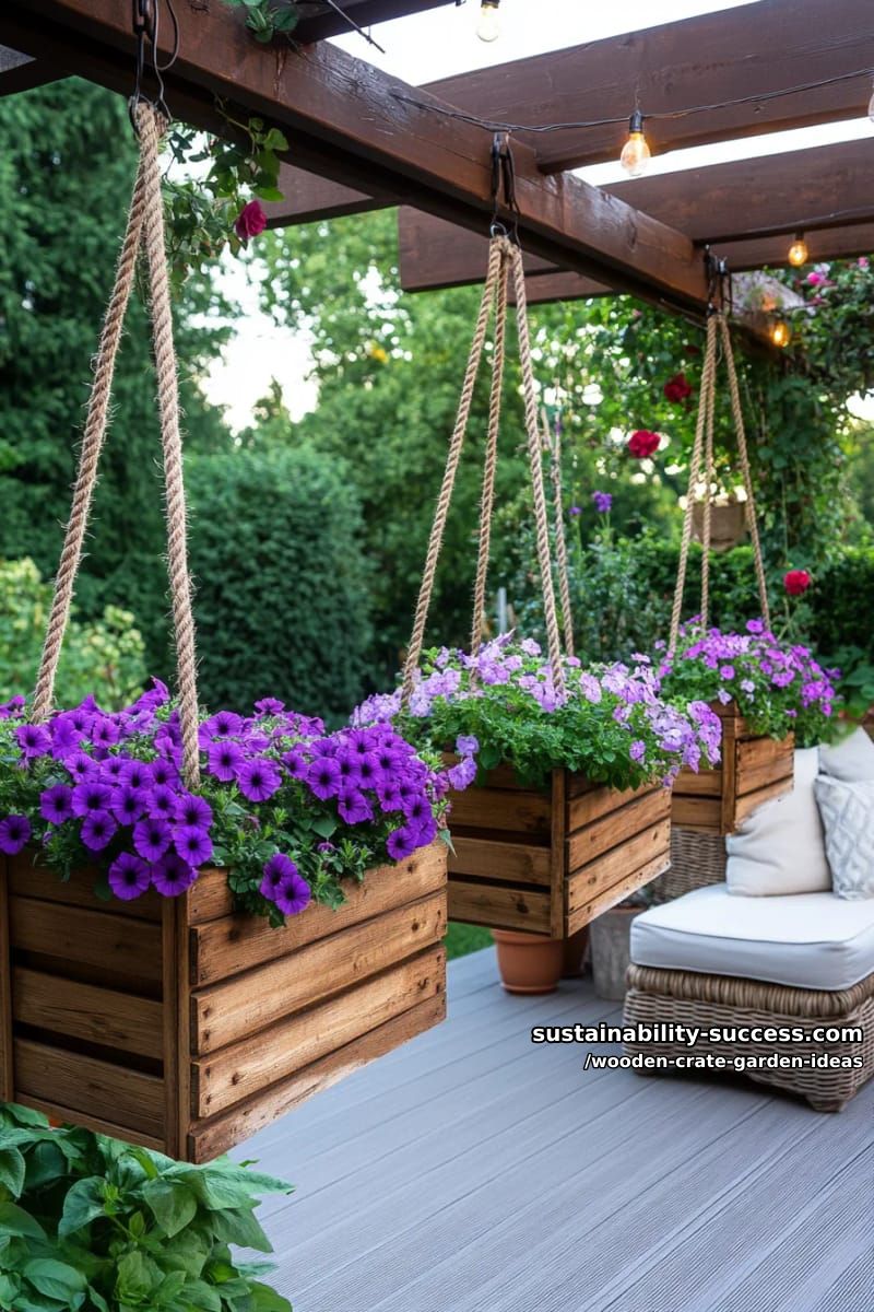 hanging crate flower boxes suspended with rustic ropes on a patio 1