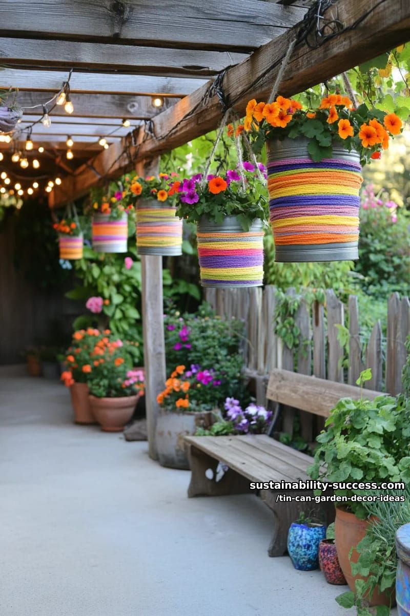 hanging flower baskets from cans wrapped in colorful yarn and twine 1