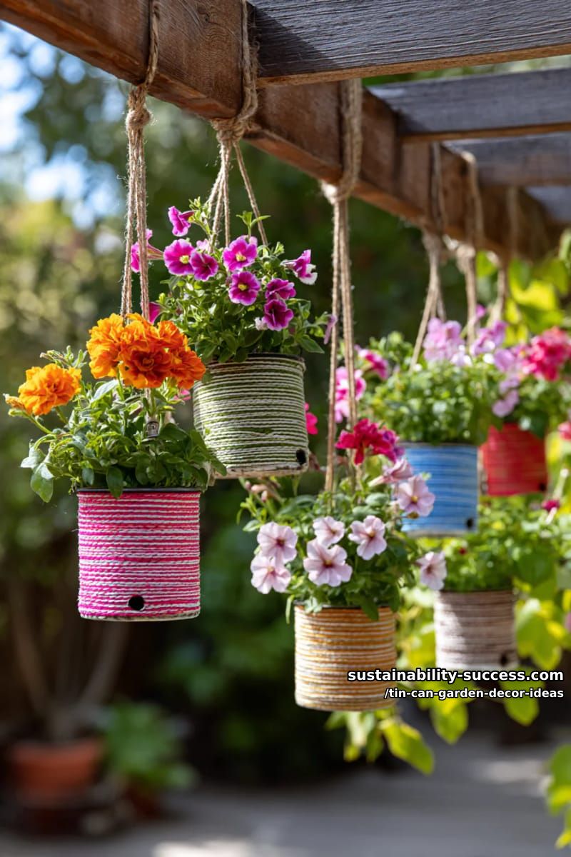 hanging flower baskets from cans wrapped in colorful yarn and twine 1