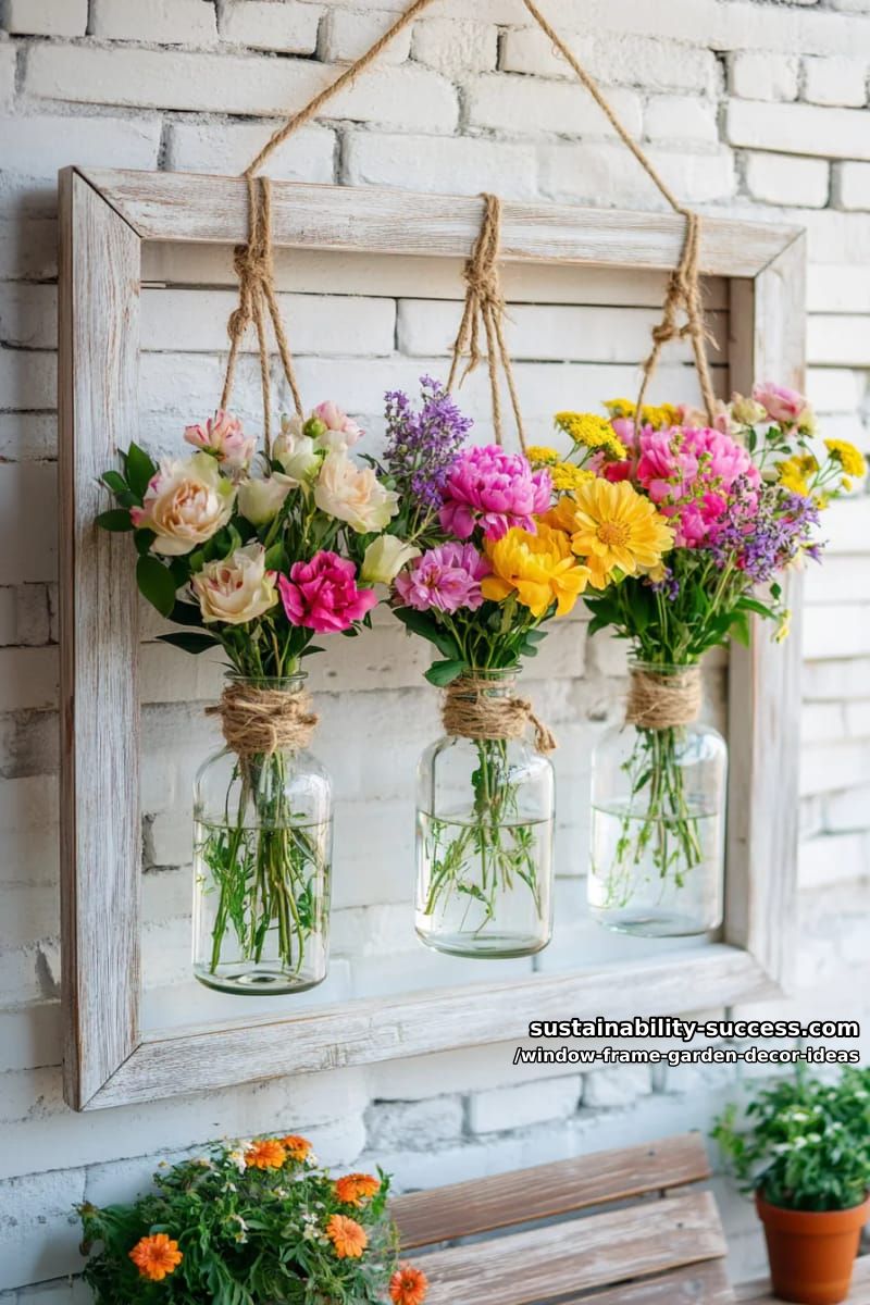 hanging glass bottles in a window frame for fresh cut garden flowers 1